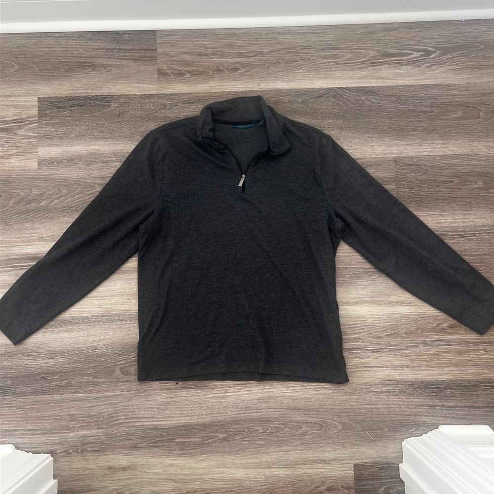 Perry Ellis Mens Quarter Zip Pullover Shirt Black Grey Herringbone Large NB3229